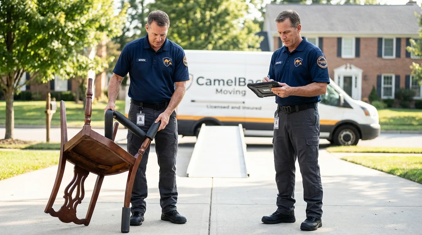 Movers inspecting furniture for damage prevention before loading in Gadsden, SC